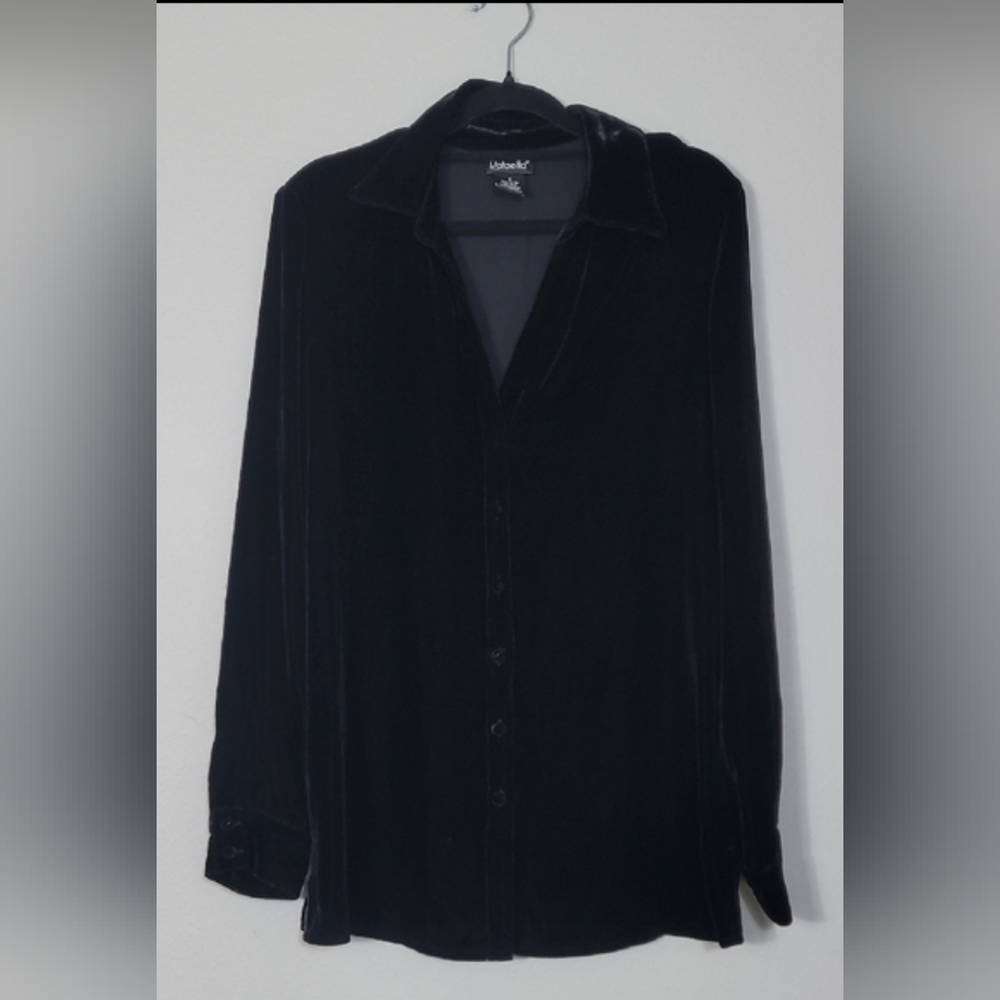 Vintage Silk Womens Velvet Button Up Tunic Top Size 8 S/M Black Whimsigoth
